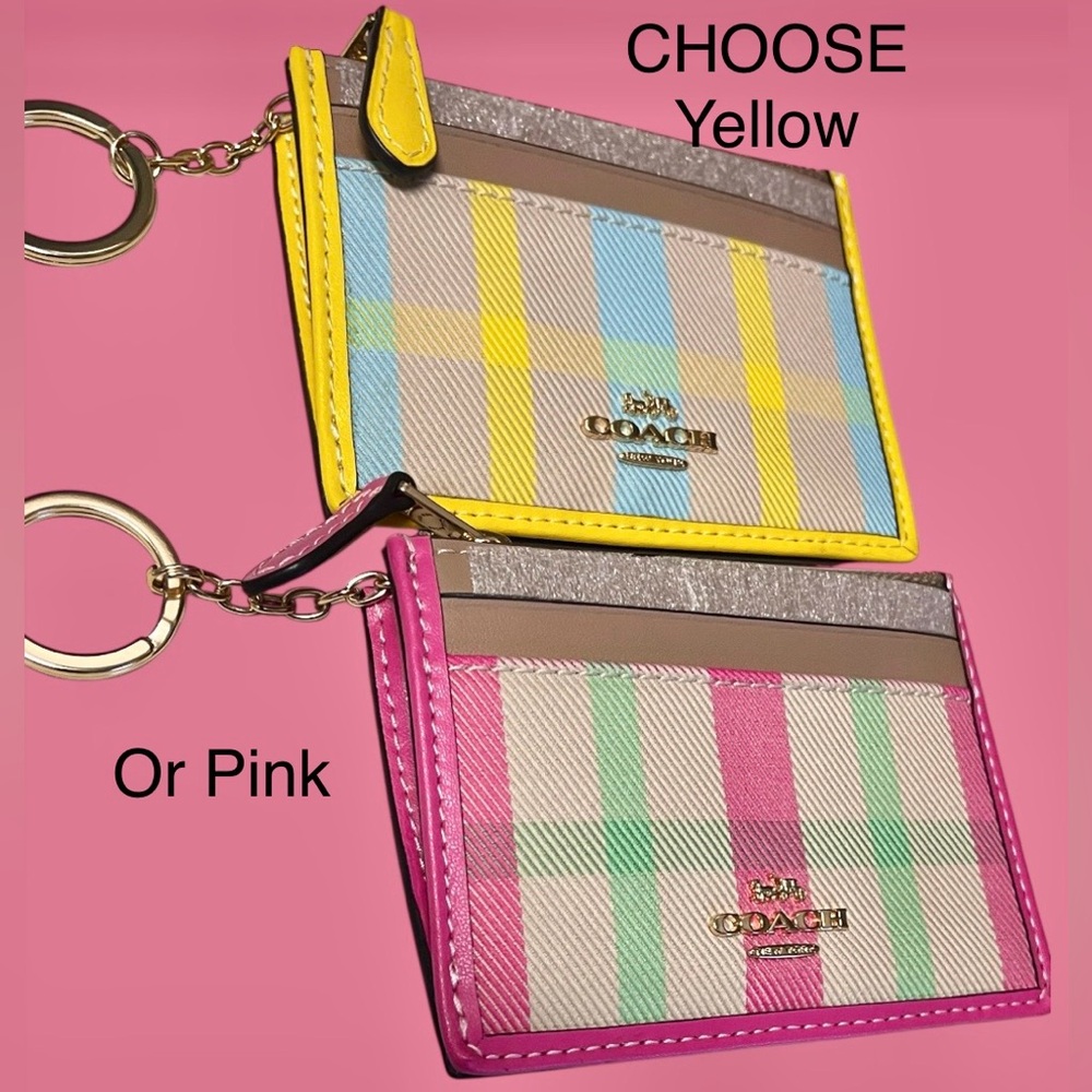Coach NWT Leather &Canvas CHOOSE PINK orYELLOW Slim Plaid Card Holder/keychain - Picture 2 of 14